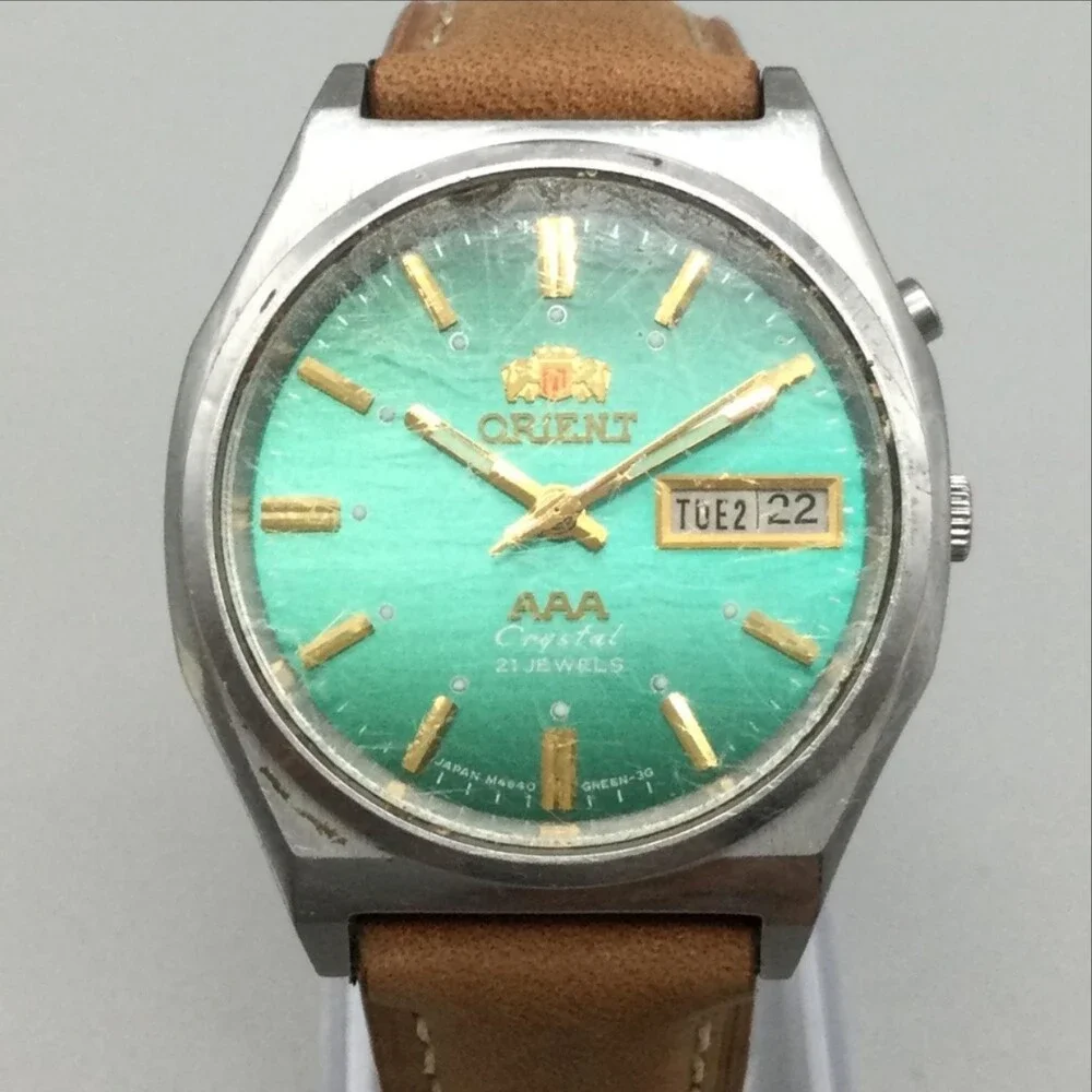 Vtg Orient AAA Crystal 21 Jewels Mens Watch 34mm Green Dial Automatic Leather